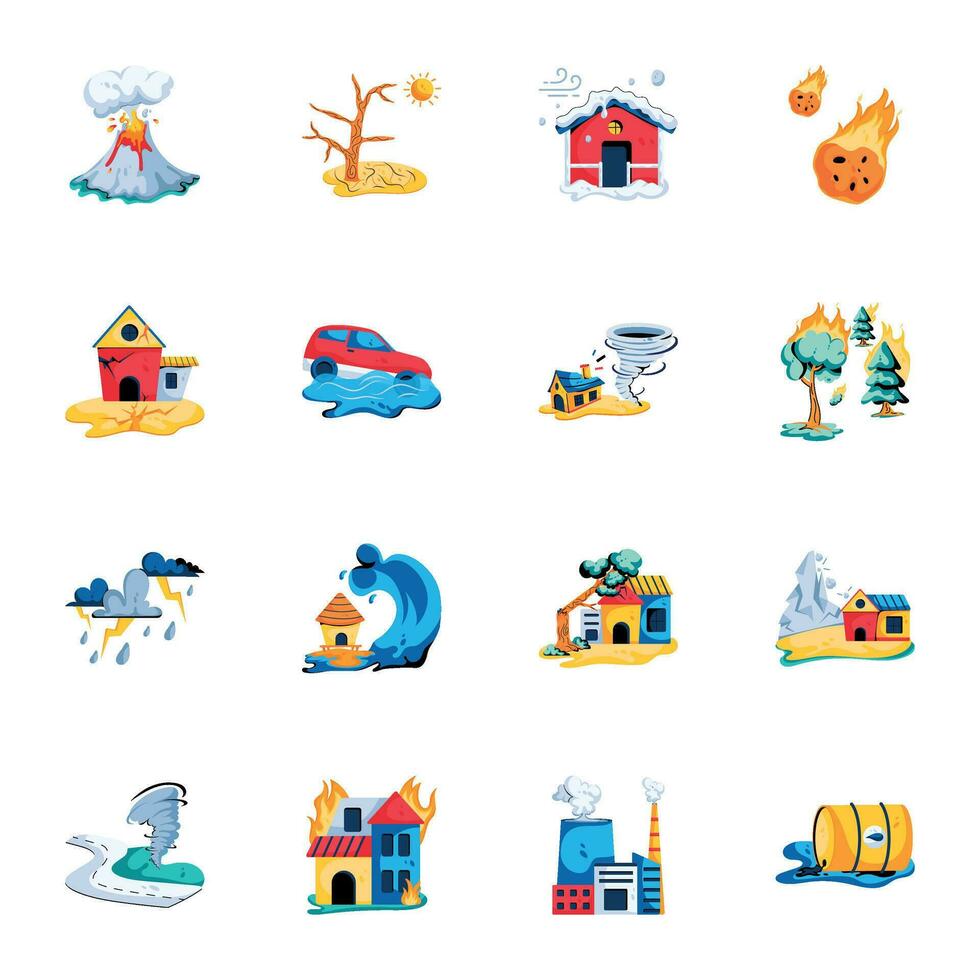 Pack of Flat Natural Disaster Icons vector