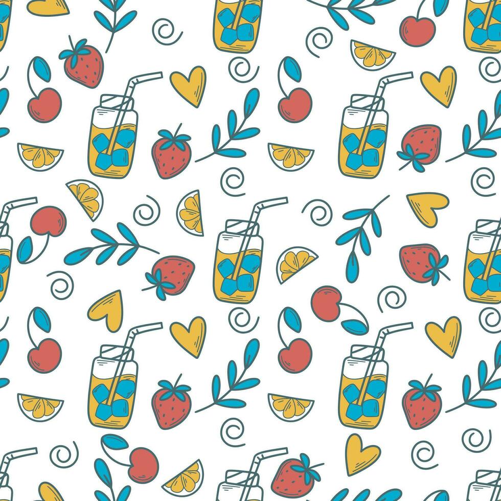 Cocktail with strawberries, cherries and ice seamless pattern vector