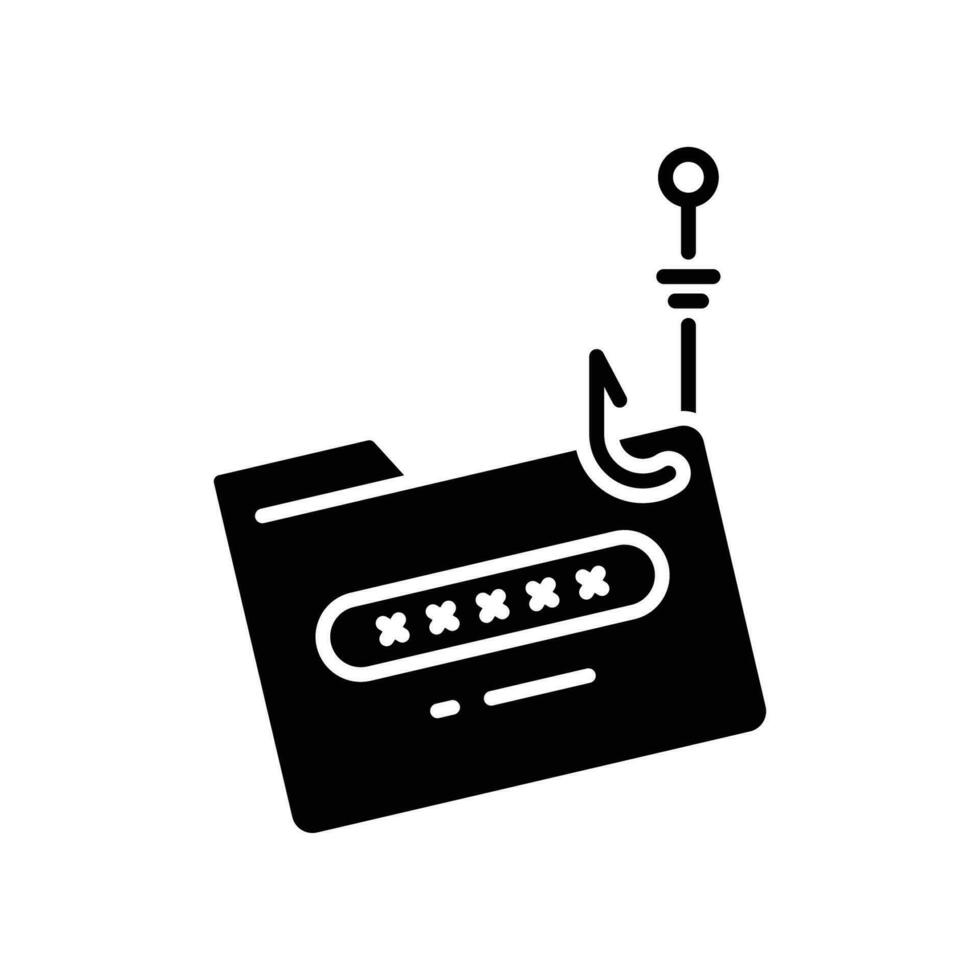 Password phishing icon. Network data security and hack, hacking. Cyber attack, online scam, password and fishing hook. solid or glyph pictogram. vector illustration. design on white background. EPS 10