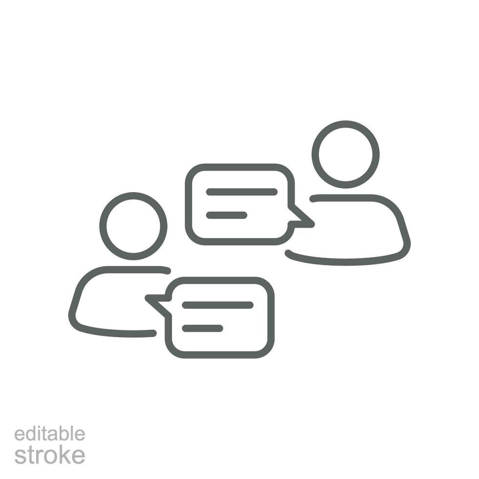 People talking icon. Social forum communication on social media. Two people debate and speaking on phone. Line outline pictogram Editable stroke. Vector illustration. Design on white background EPS 10