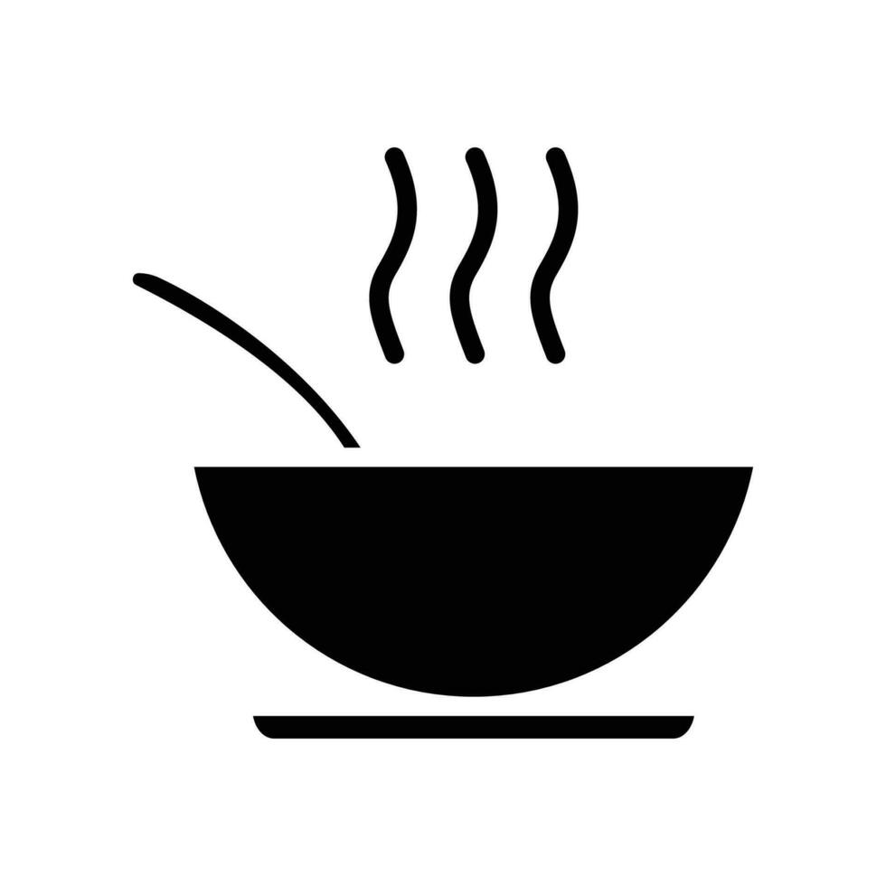 A bowl of soup icon. Steam food plate, hot meal dish with spoon inside for restaurant, cafe in mobile apps and website. Glyph style pictogram. vector illustration. Design on white background. EPS 10