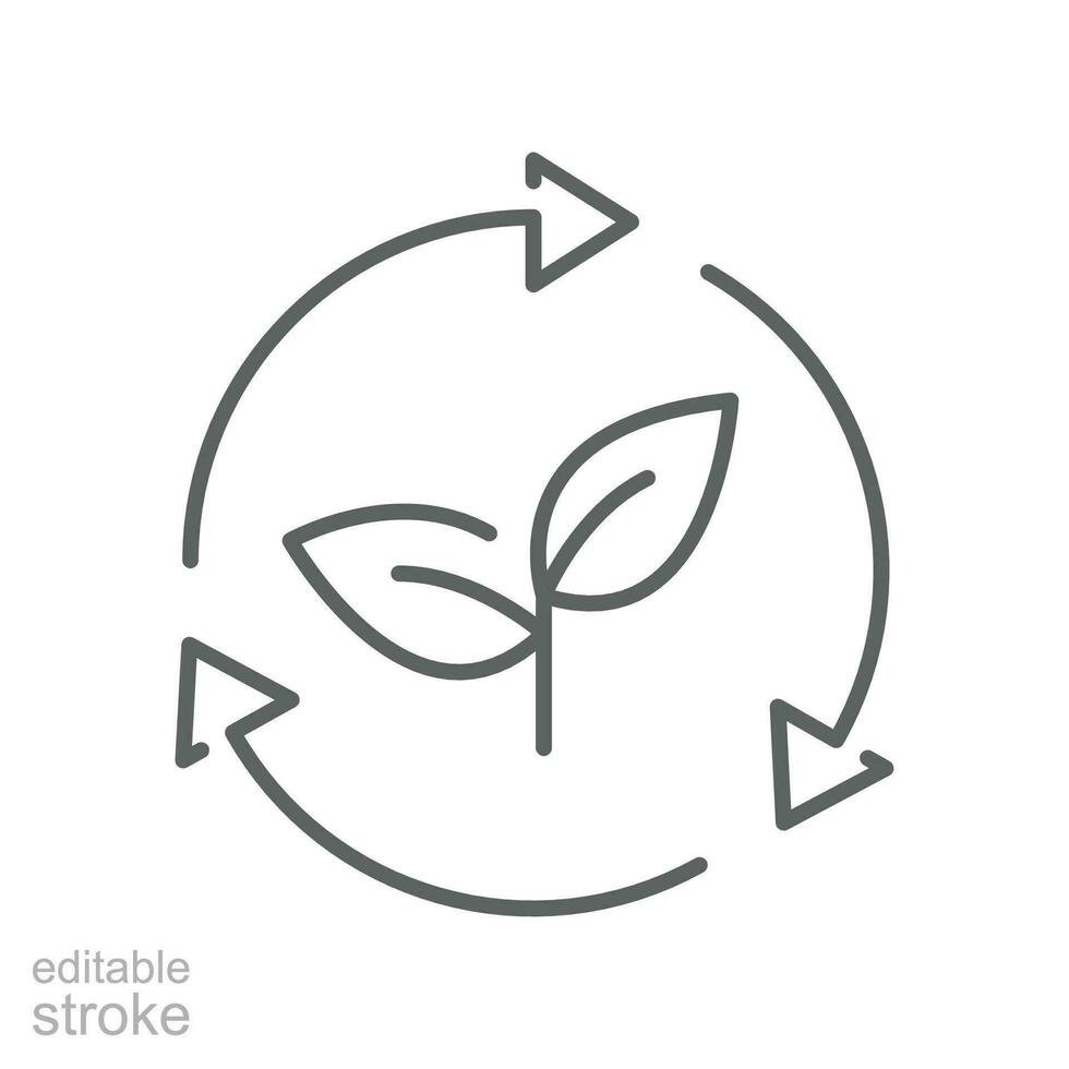 Organic recycle icon. Environmentally Friendly. Eco green symbol with tree and recycling or rotation arrow. Line pictogram style. Editable stroke Vector illustration. Design on white background EPS 10