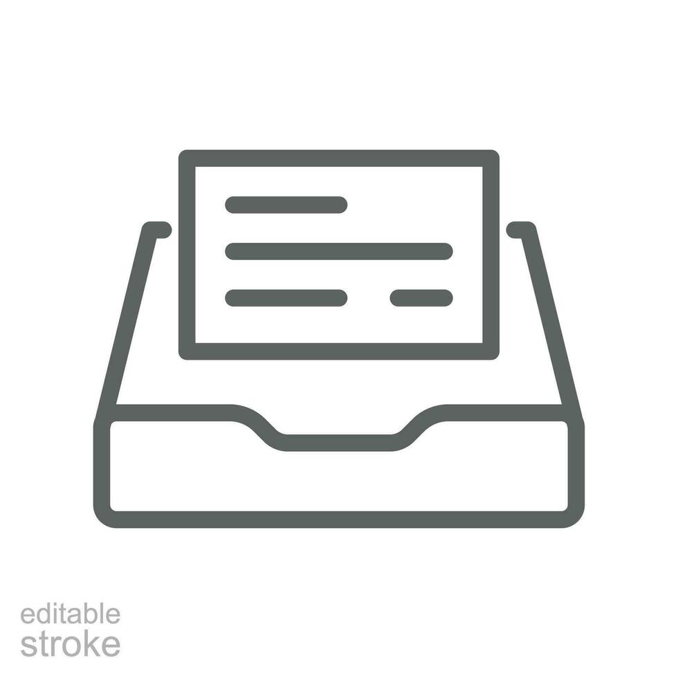 Documents drawer icon. Open new mail. Cabinet archive, file drawer, office storage, business document inbox, paper drawer. Line Editable stroke Vector illustration. Design on white background. EPS 10