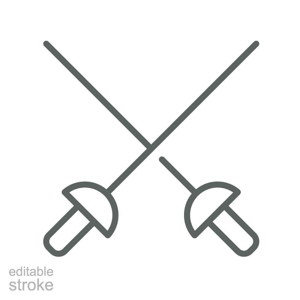 Fencing sword, sport icon. Cross rapiers, swords or fencing duel. athletes fight, action tournament. Sports Equipment. Editable stroke. Vector illustration. Design on white background. EPS 10