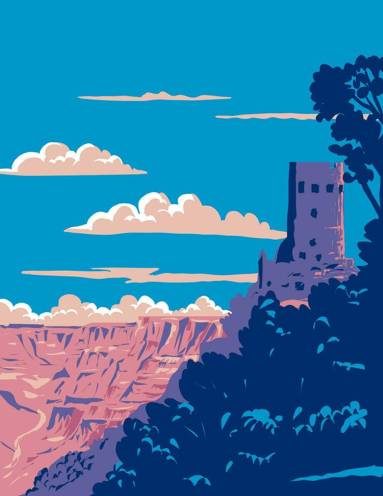 Desert View Watchtower on South Rim of Grand Canyon National Park Arizona WPA Poster Art vector