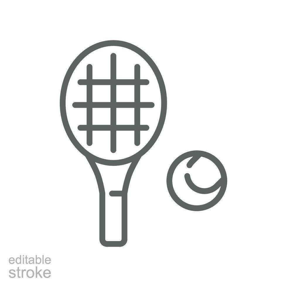 Racket and tennis ball, sport icon. Play Tennis game with racquet. Pictogram line style logo symbol for mobile app and website. editable stroke vector illustration. Design on white background. EPS 10