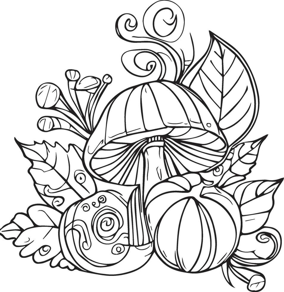 fall harvest coloring sheet, Autumn harvest for Thanksgiving day, autumn leaf line drawings, fall leaves hand-drawn coloring sheet, mushroom in autumn Happy Fall coloring page vector