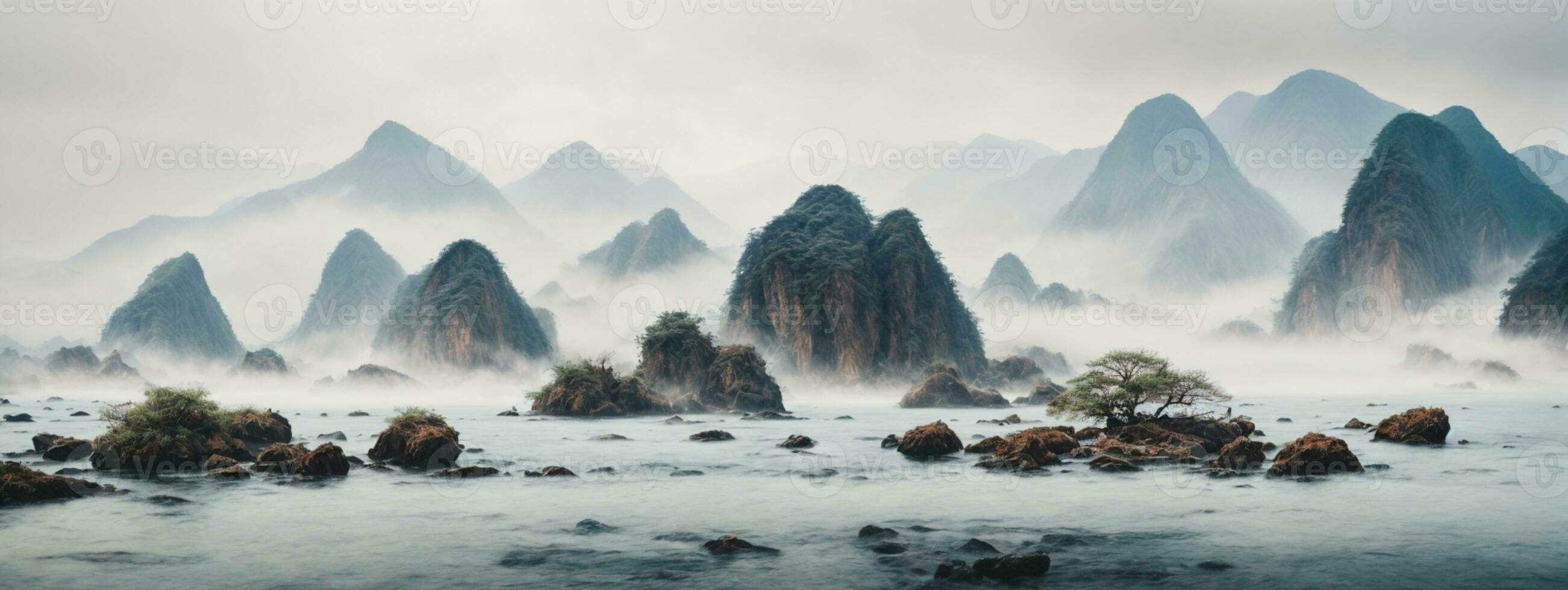 Chinese ink and water landscape painting. AI generated photo