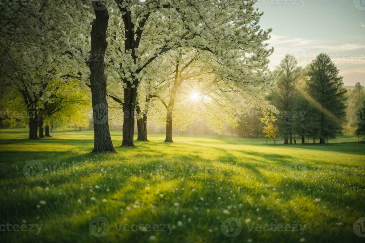 Spring Nature. Beautiful Landscape. Green Grass and Trees. AI generated photo