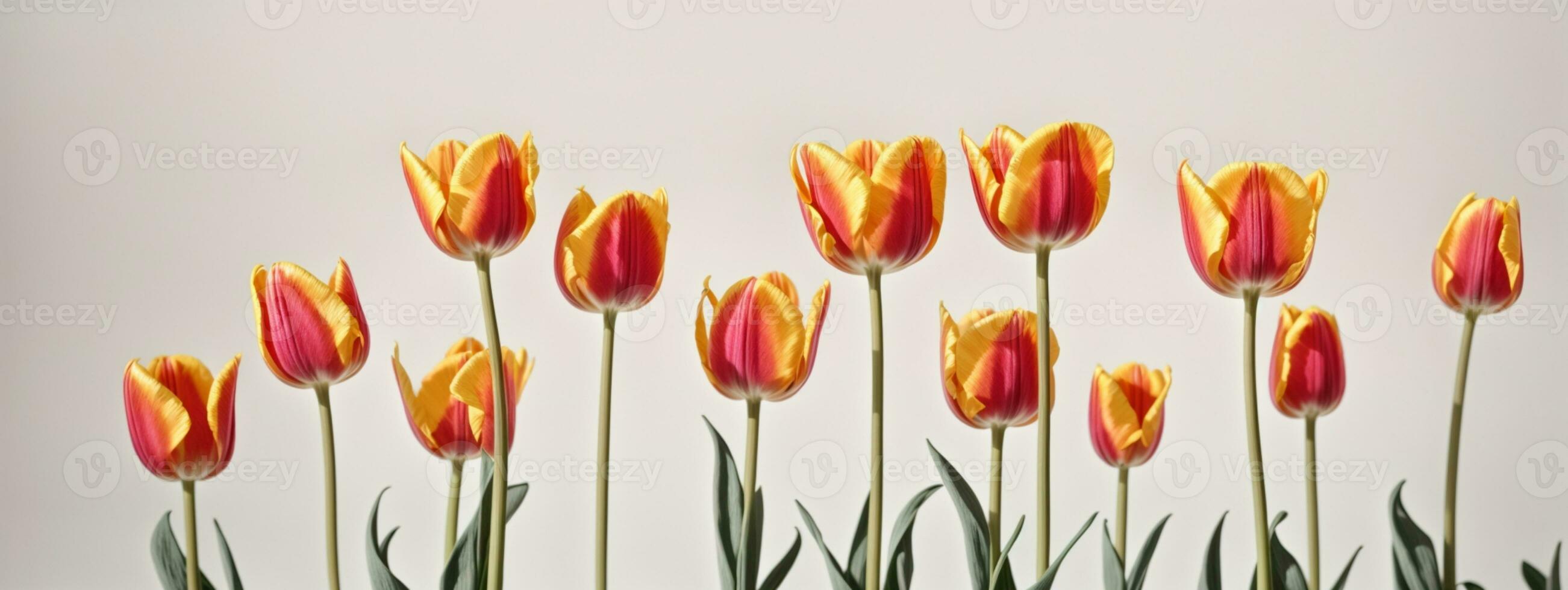 Spring tulip flowers in a row. AI generated photo