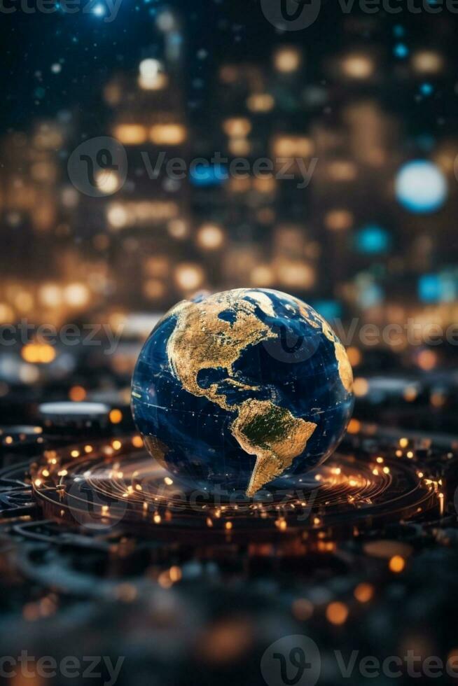 Communication technology for internet business. Global world network and telecommunication on earth cryptocurrency and blockchain and IoT. Elements of this image furnished by NASA. AI generated photo