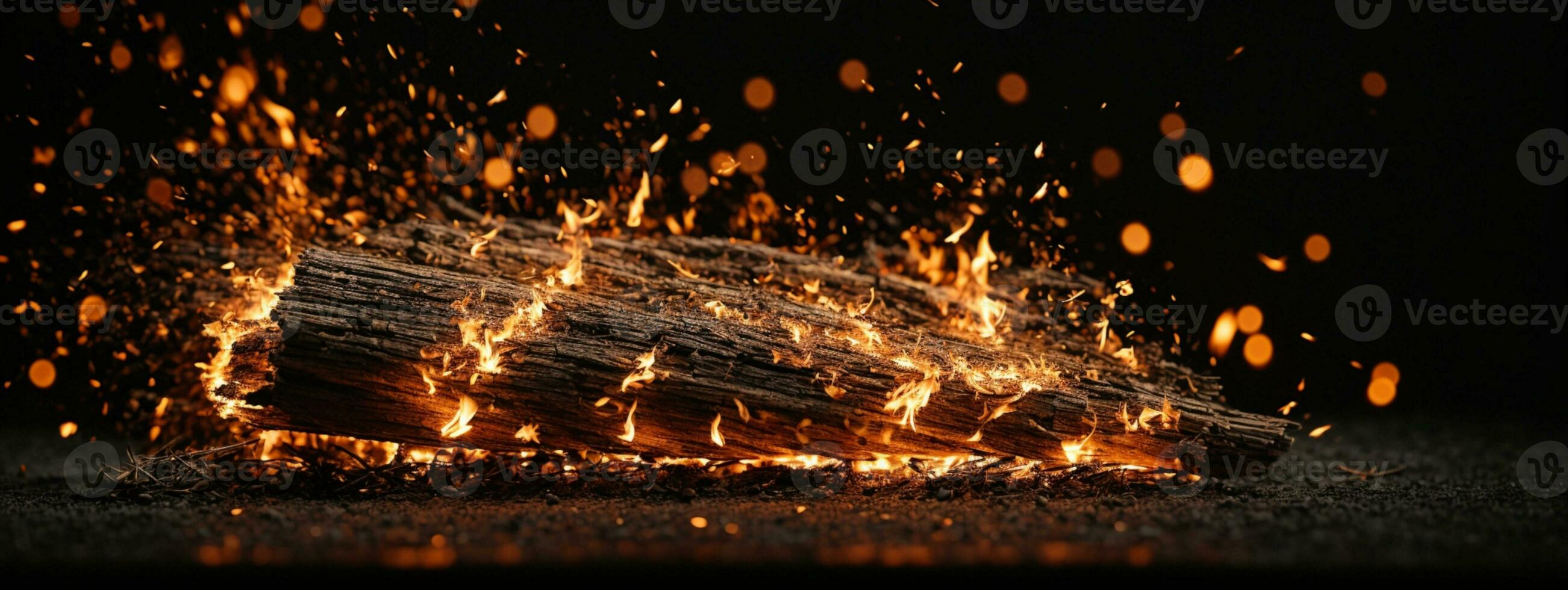 Detail of fire sparks isolated on black background. AI generated photo