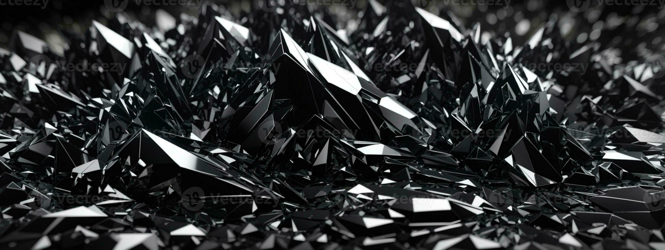 3d render, abstract black crystal background, faceted texture, macro panorama, wide panoramic polygonal wallpaper. AI generated photo