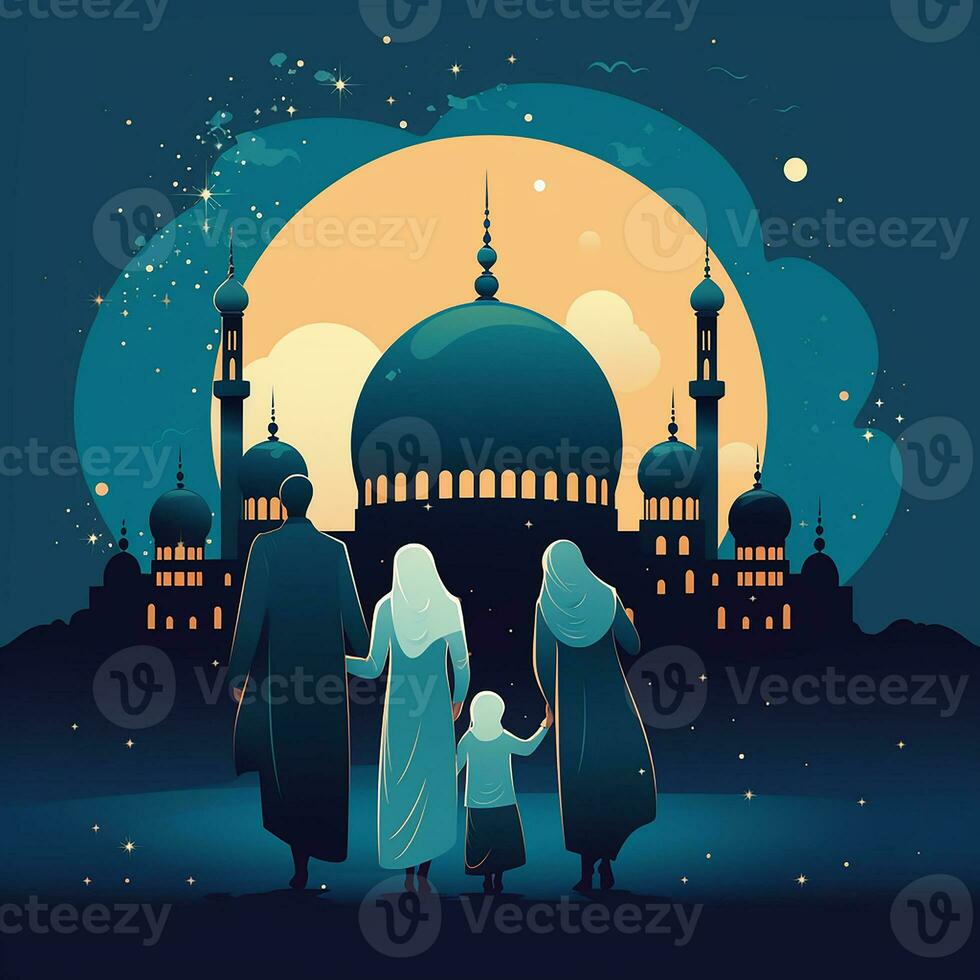 a family in Muslim clothes stands against the backdrop of a mosque, night starry sky. Ramadan holiday photo