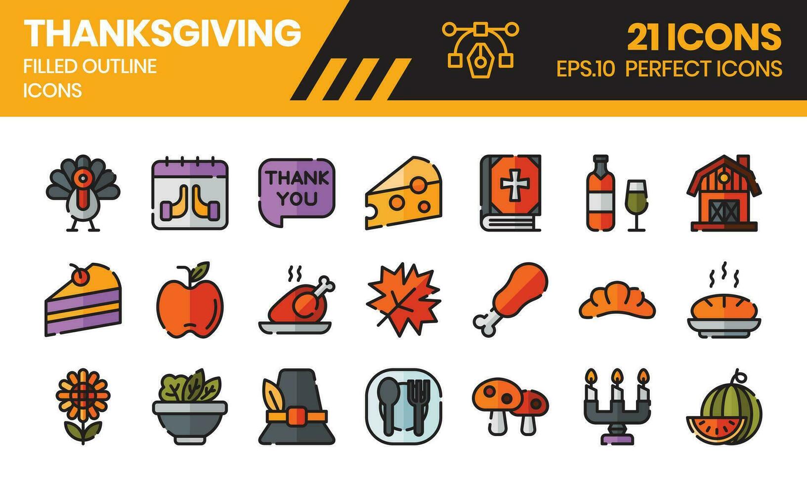 Thanksgiving filled outline icons set. The element collection includes be used in social media posts, web design, app design, and more. vector