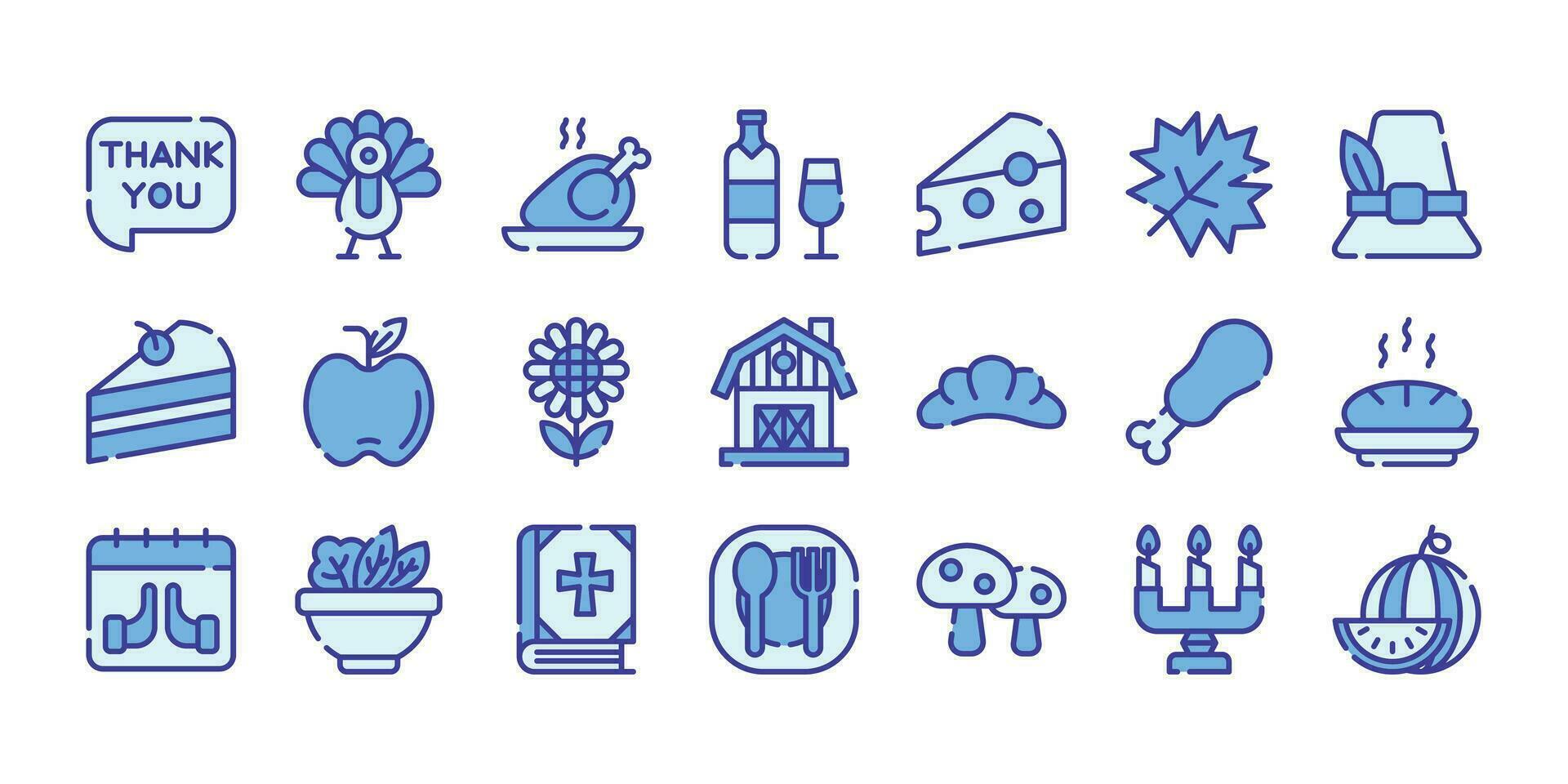 Thanksgiving blue colored outline icons set. The element collection includes be used in social media posts, web design, app design, and more. vector