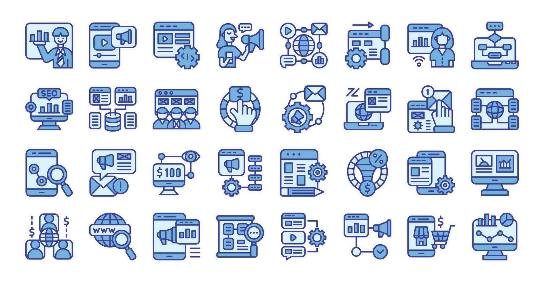 Online marketing blue colored outline icons set. The collection includes business and development, programming, web design, app design, and more vector