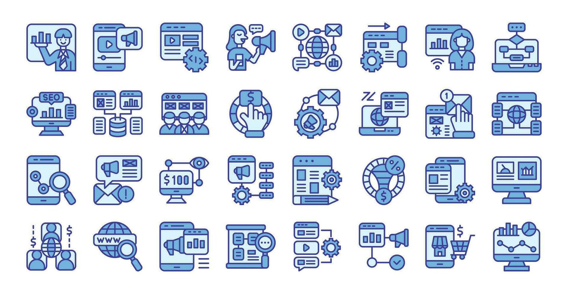 Online marketing blue colored outline icons set. The collection includes business and development, programming, web design, app design, and more vector