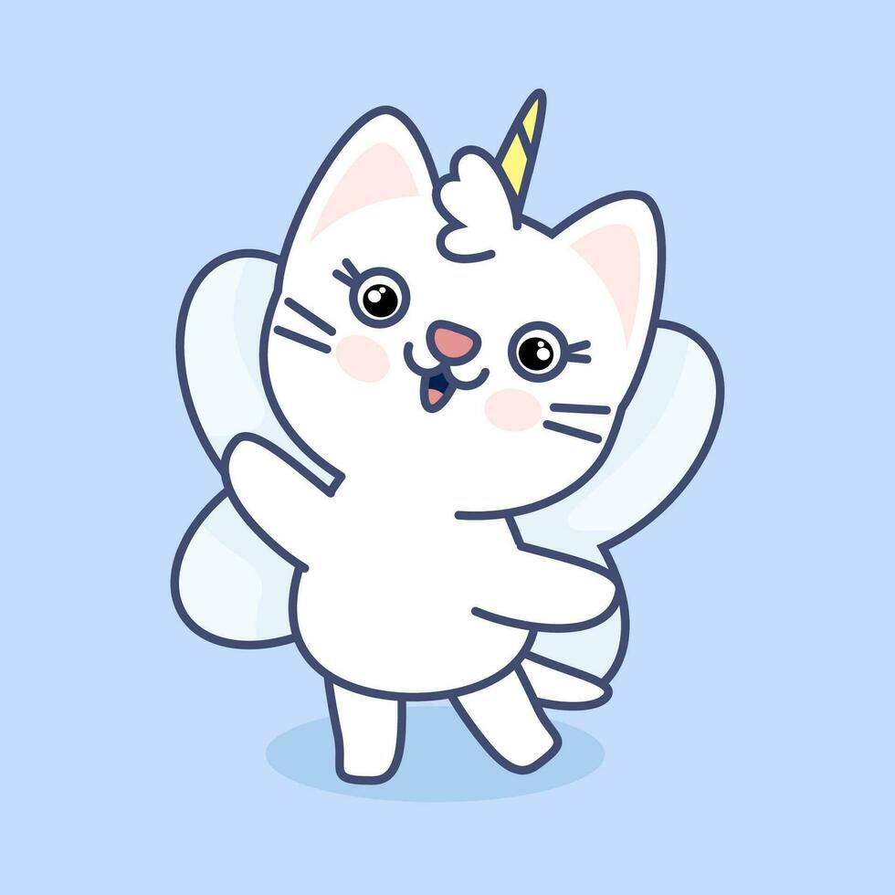 Cute white kawaii cat with unicorn horn and wings vector