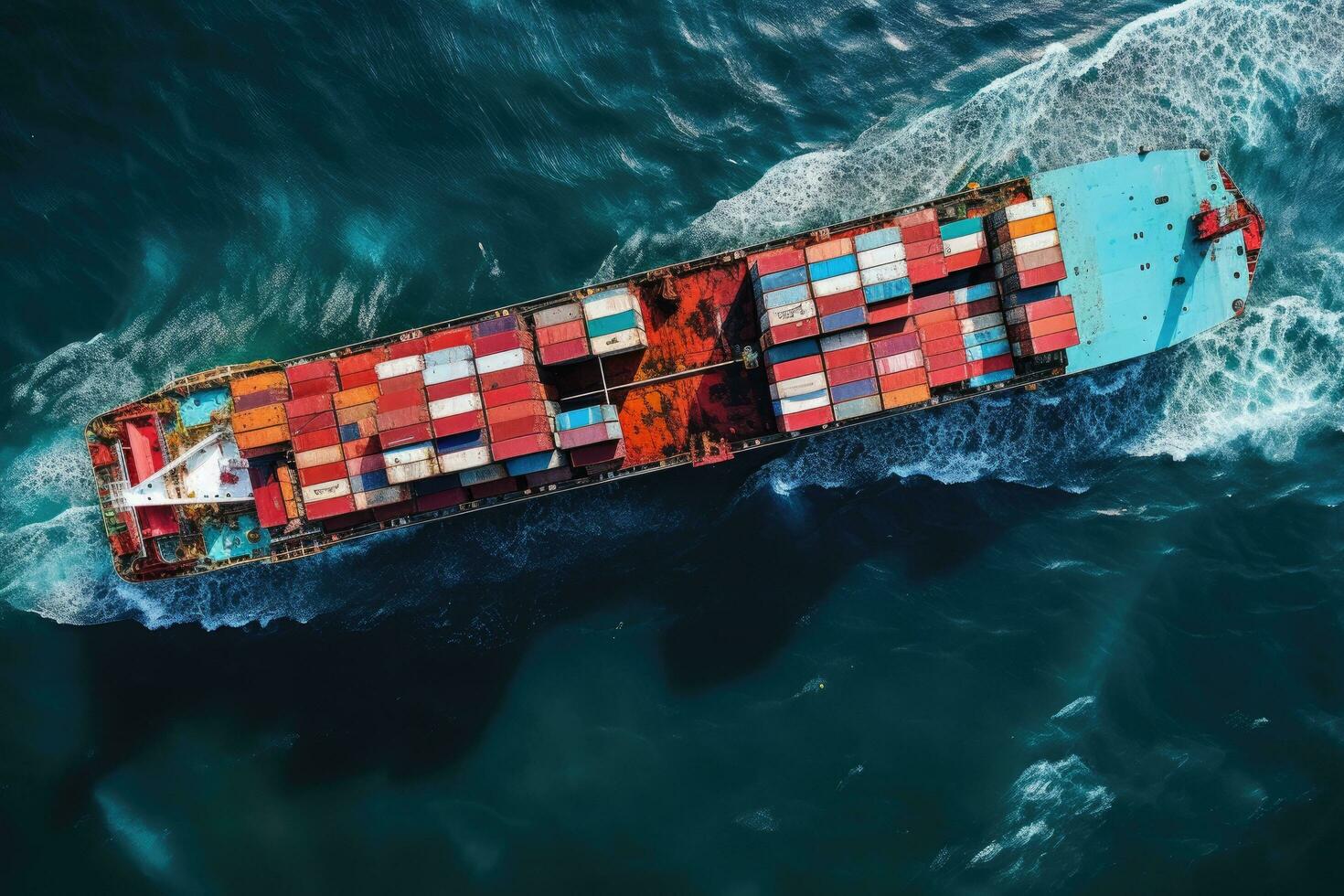 Aerial view of a container ship sailing in the sea. Freight transportation concept, Container ship in the sea. Top view, AI Generated photo