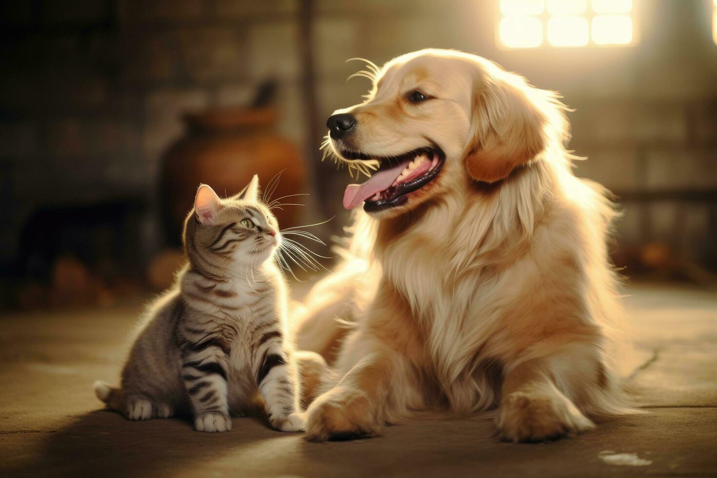 Golden Retriever and cat sitting on the floor in the room, Cute cat and golden retriever dog playing together at home, AI Generated photo