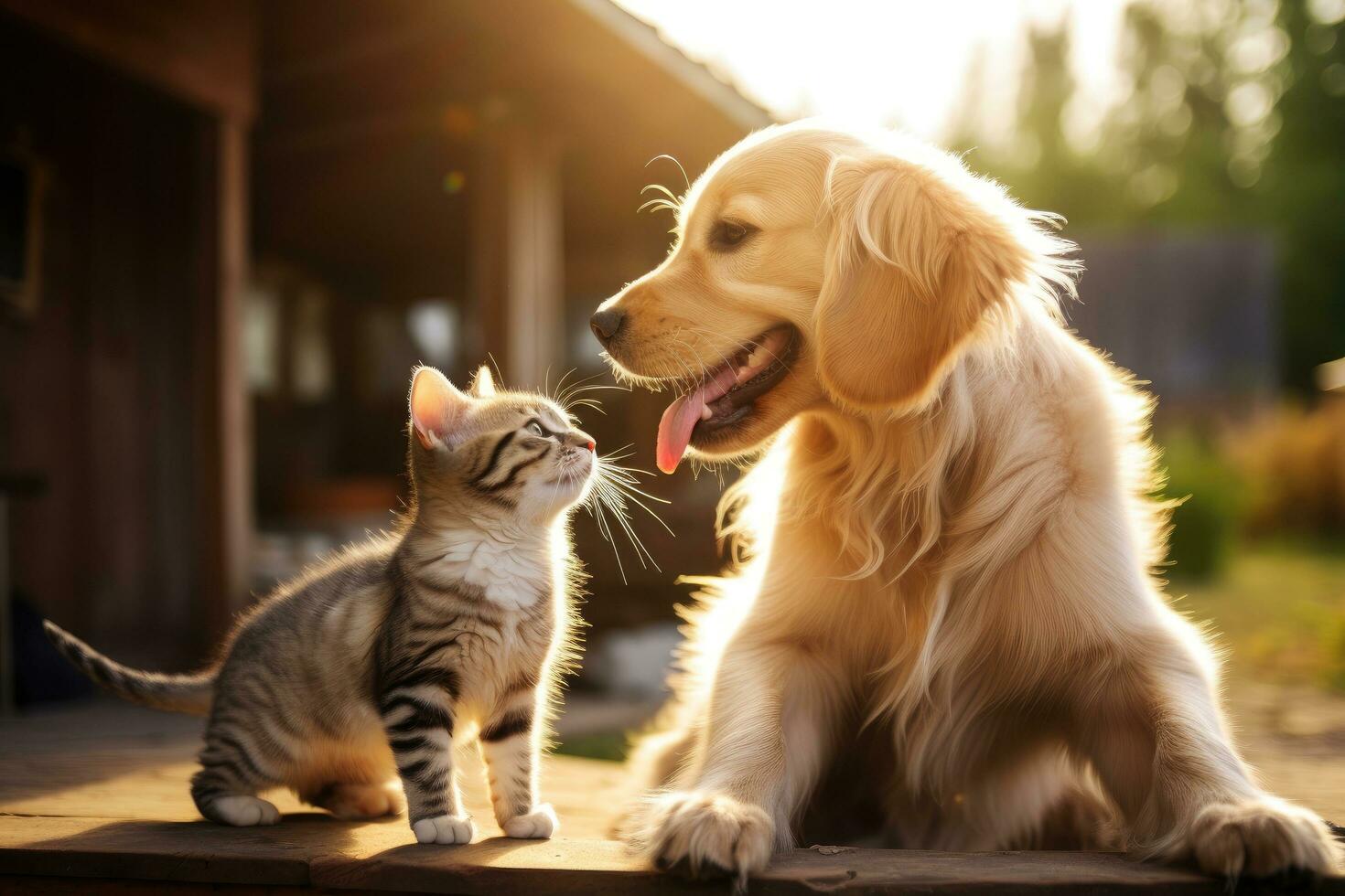 Golden Retriever and cat together in the park at sunset, Cute cat and golden retriever dog playing together at home, AI Generated photo