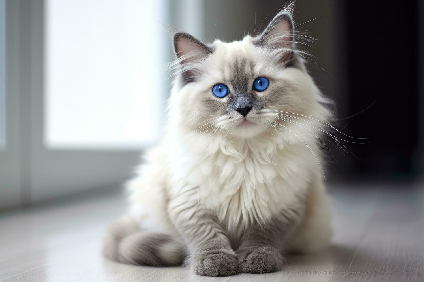 Beautiful cat with blue eyes sitting on the floor at home, Cute cat with blue eyes sitting on the floor and looking at camera, AI Generated photo
