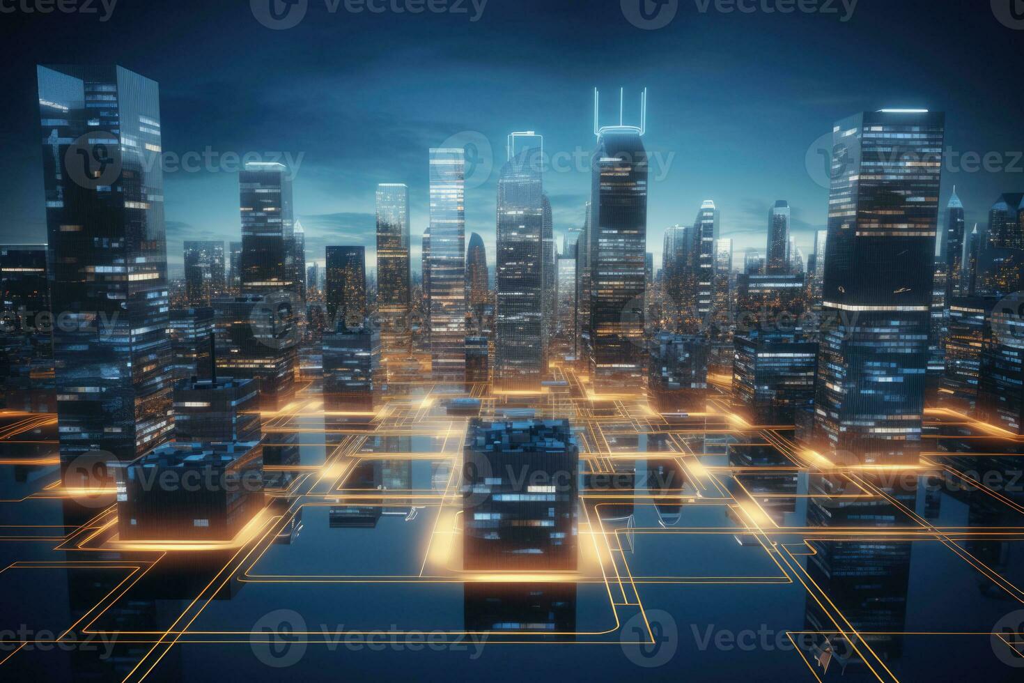 Futuristic smart city with illuminated digital connections. Generative AI photo