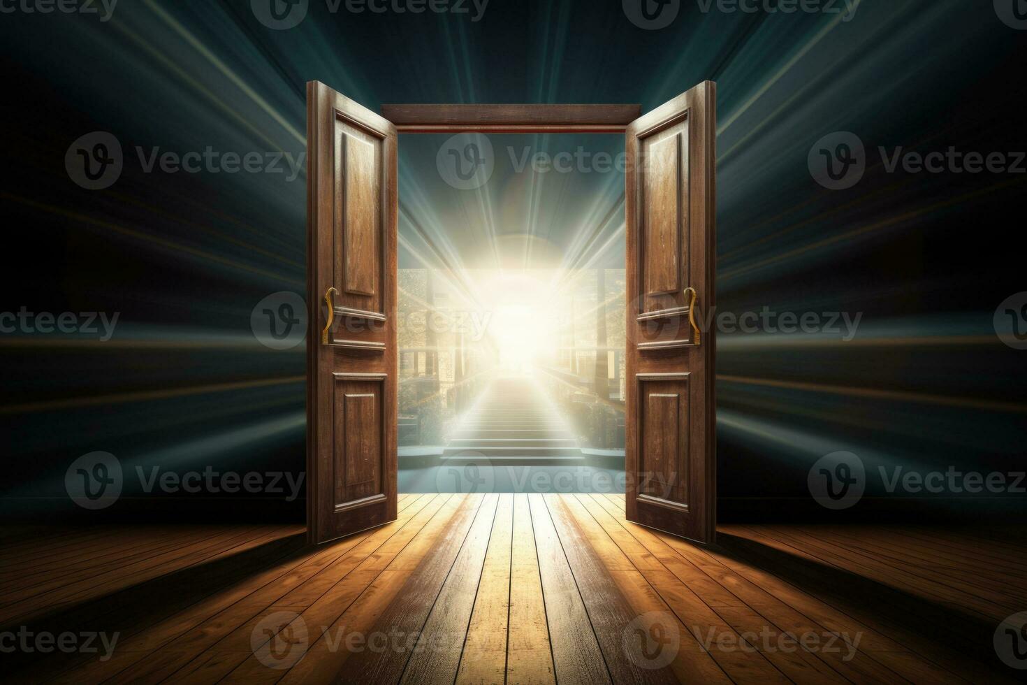 Opened doors stretching to unknown. Generative AI photo
