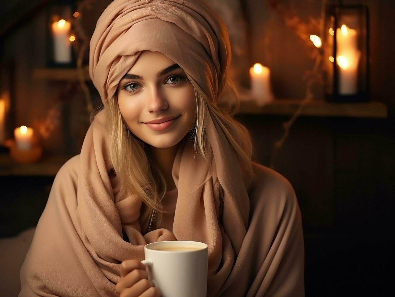 A young woman sitting and drinking coffee photo