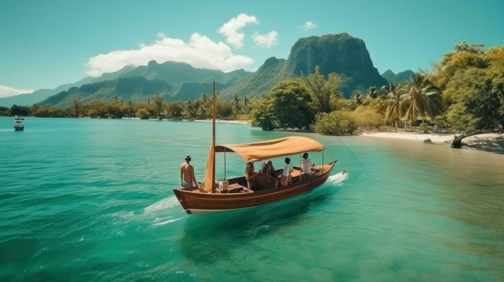 Young couple in love sailing on a traditional wooden boat in Thailand photo