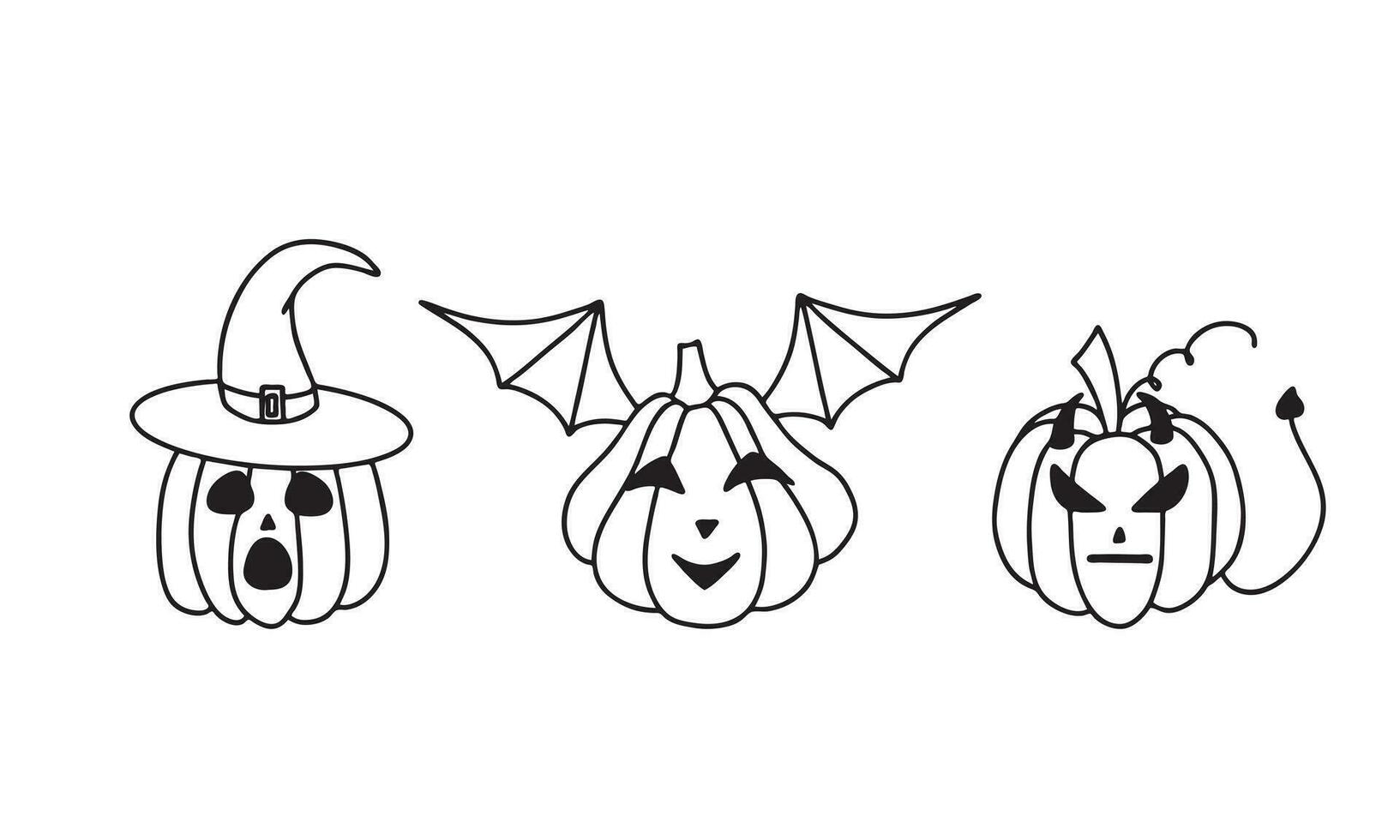 Set of hand drawn vector funny cartoon pumpkins with different faces. Design concept kids, Halloween. Doodle illustration on white background