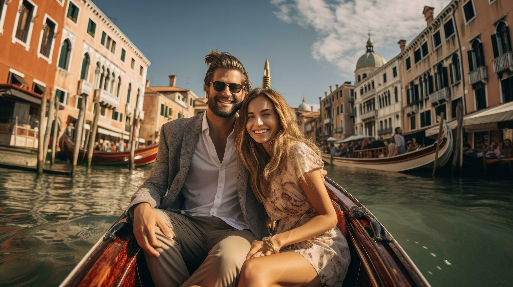 joven Pareja en amor flotadores en un góndola foto