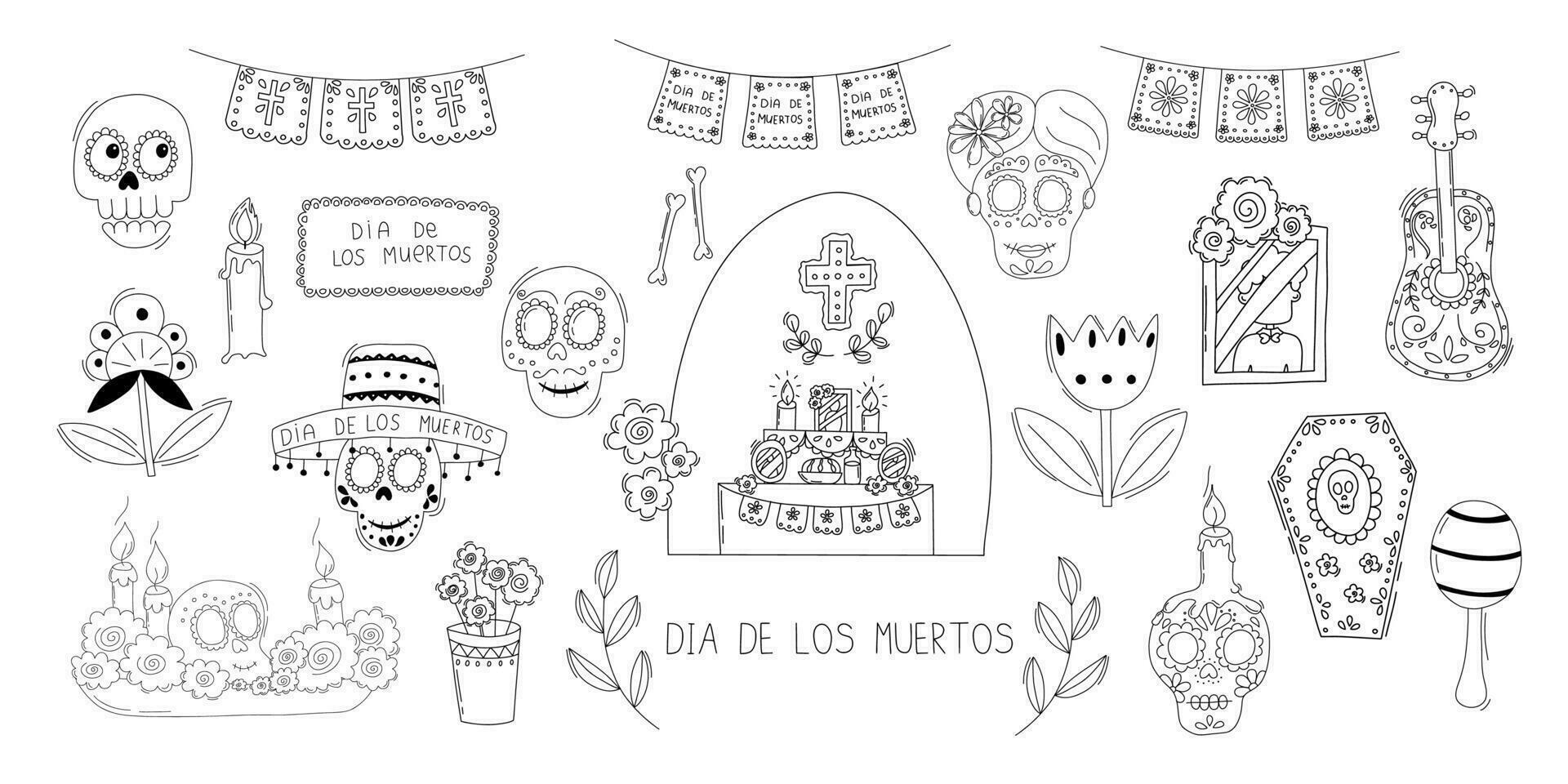Dia de los Muertos Set of Simple Vector Illustrations in Doodle Style. . Latin American Holidays and Traditions. Day of the Dead Mexican Religious Holiday.