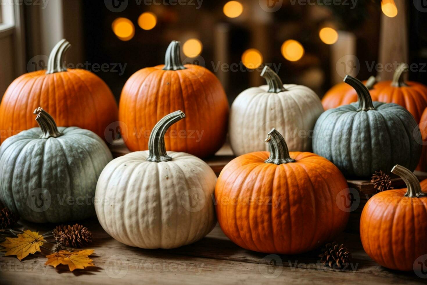 Collection of handmade plaster pumkins. Banner for autumn seasonal holidays background. DIY craft pumkins for helloween, thanksgiving, fall decoration. AI generated photo