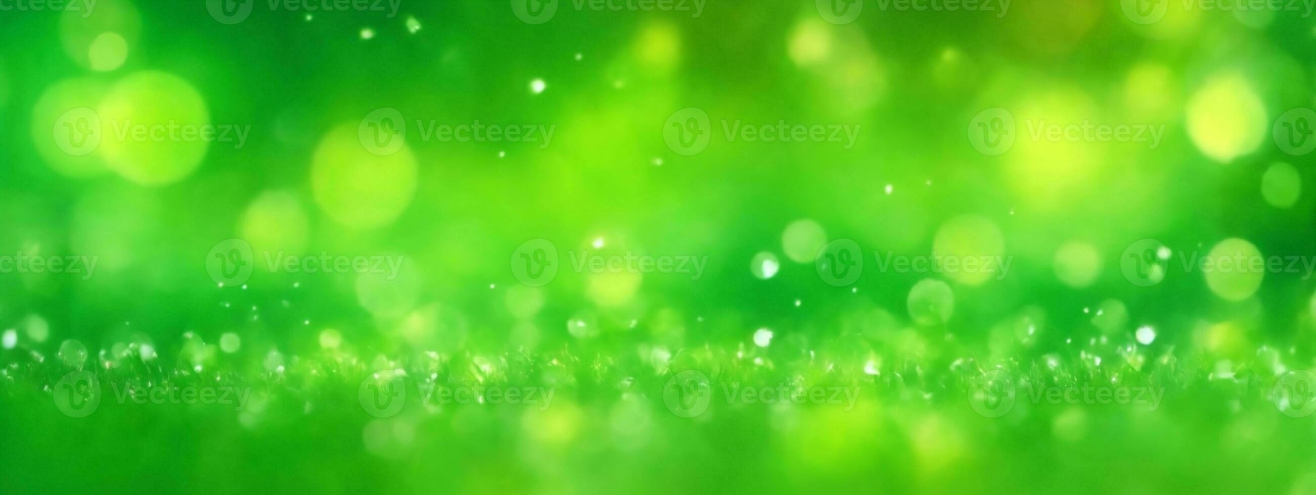 Spring background, abstract banner, green blurred bokeh lights. AI generated photo