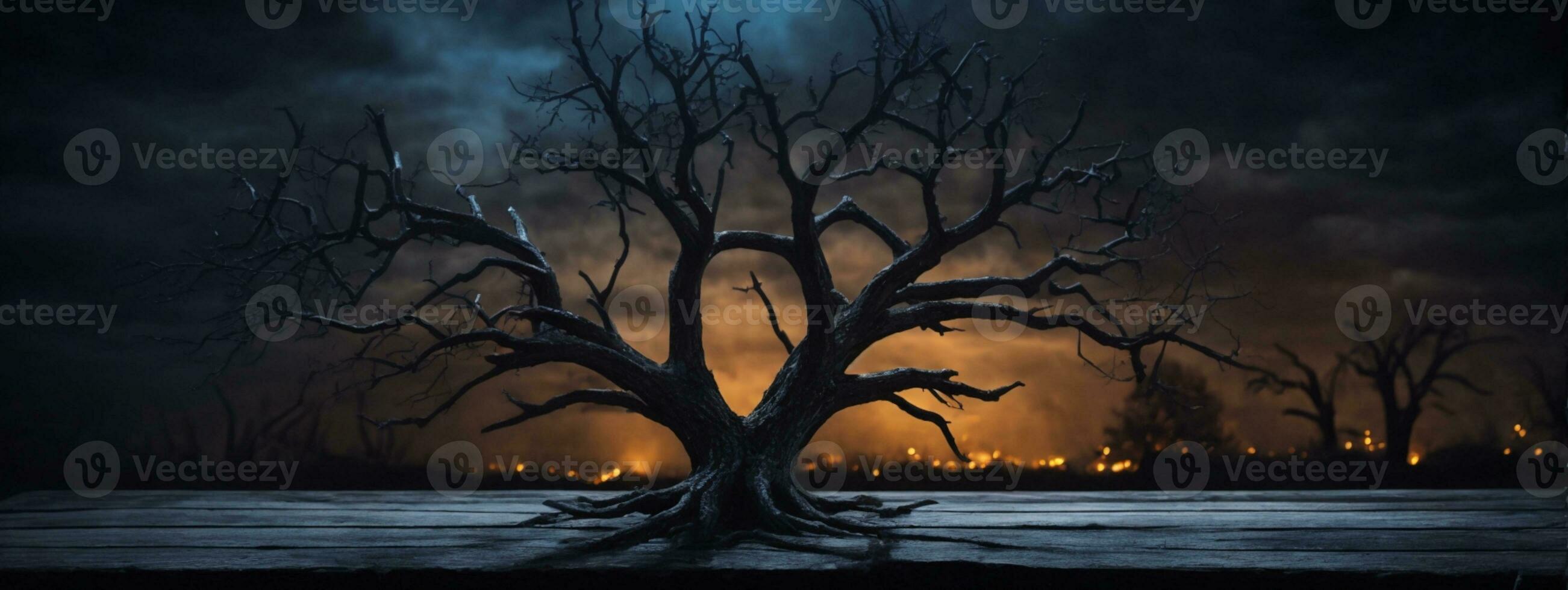 Old wood table and silhouette dead tree at night for Halloween background.. AI generated photo