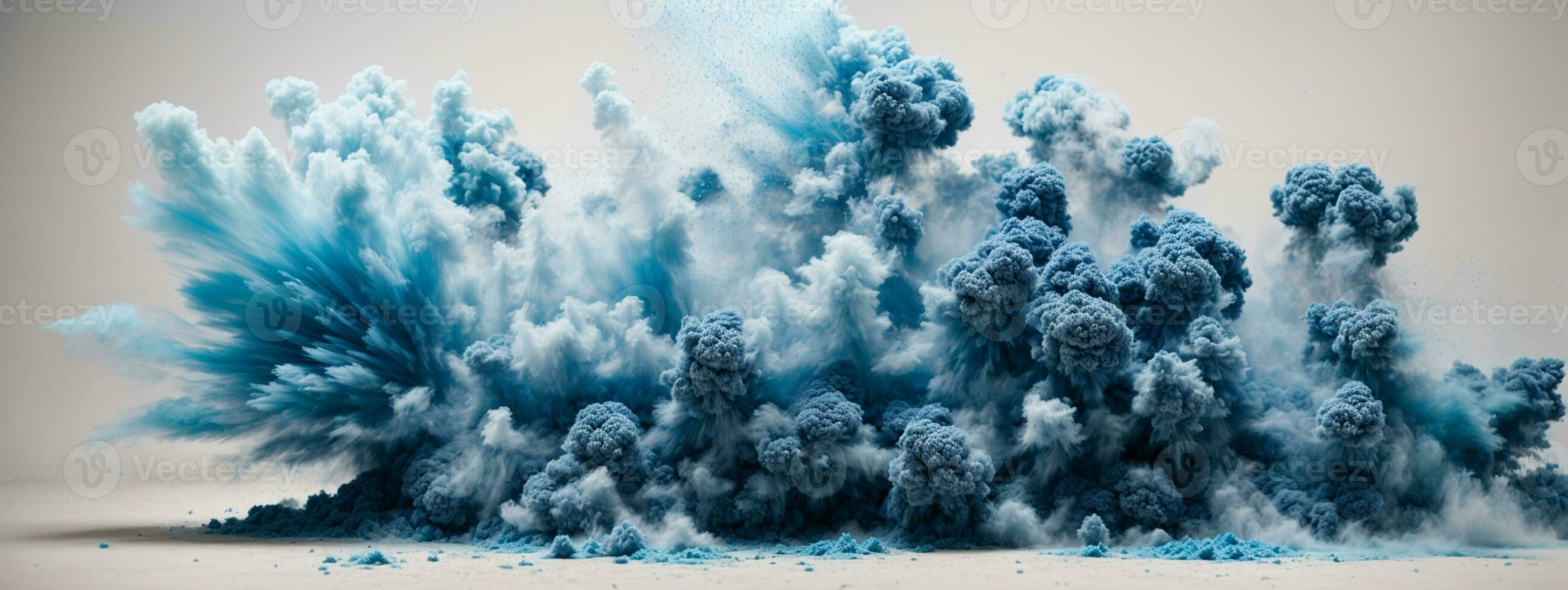 Abstract blue dust explosion on white background. Freeze motion of blue powder splash. Painted Holi in festival.. AI generated photo