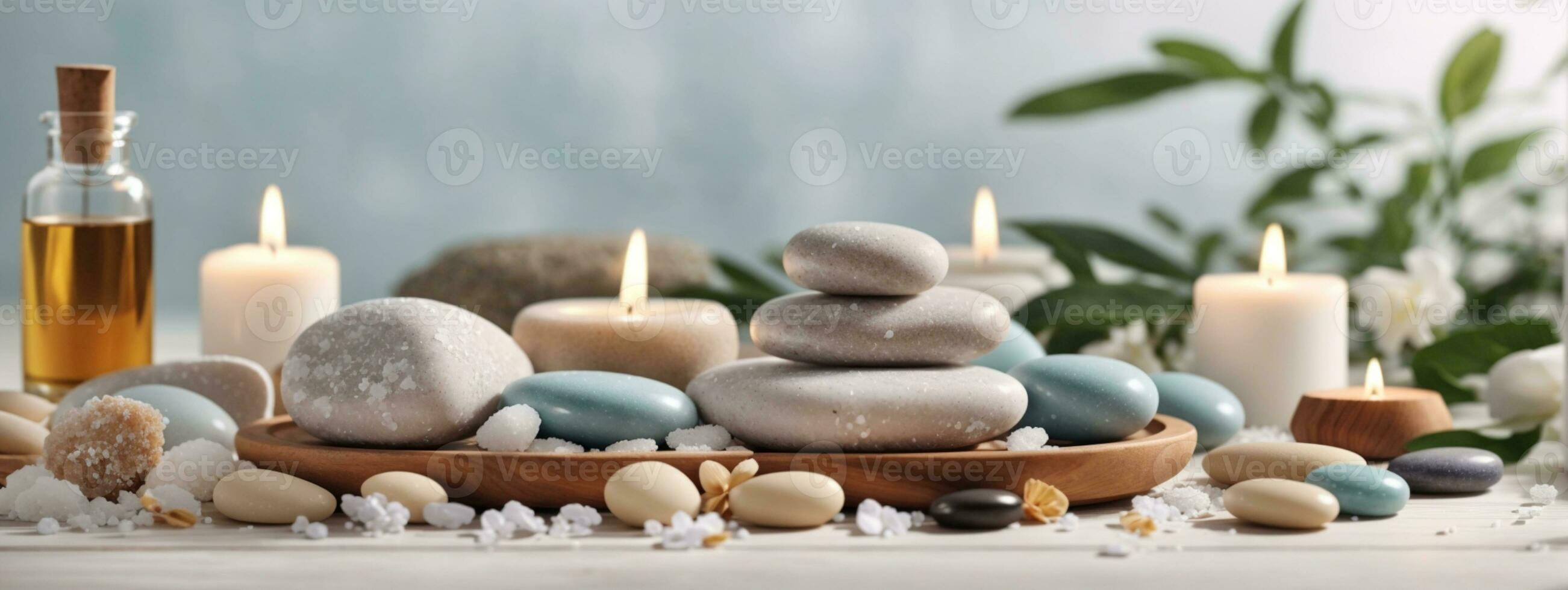 beauty treatment items for spa procedures on white wooden table. massage stones, essential oils and sea salt. copy space. AI generated photo