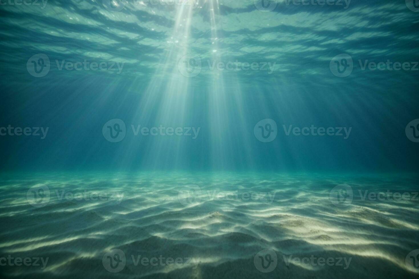underwater background deep blue sea and beautiful light rays with sandy floor. AI generated photo