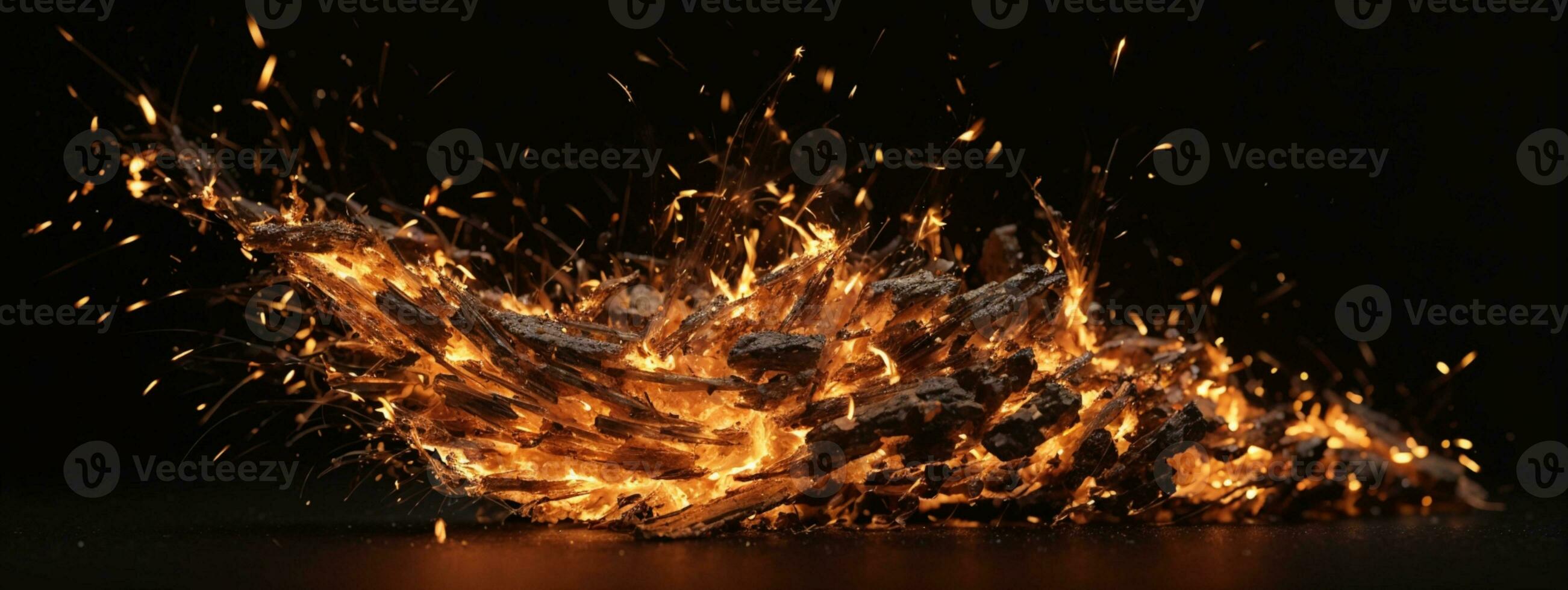 Detail of fire sparks isolated on black background. AI generated photo