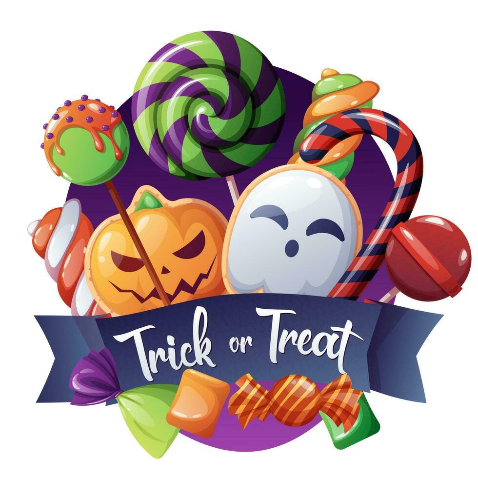 Illustration with Halloween sweets with a pumpkin and a ghost with an inscription. Trick or treat. Flyer, banner, sticker for All Saints Day with cookies and candies. vector