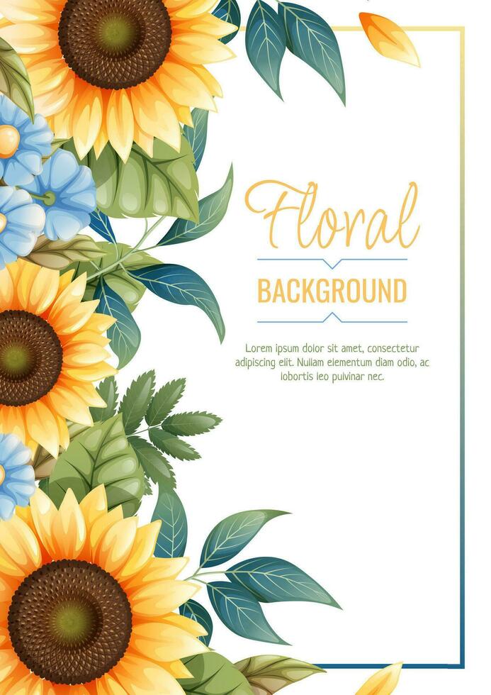 saludo tarjeta modelo con girasoles, azul margaritas volantes, bandera con otoño flores silvestres diseño para Boda invitación y fiesta. vector