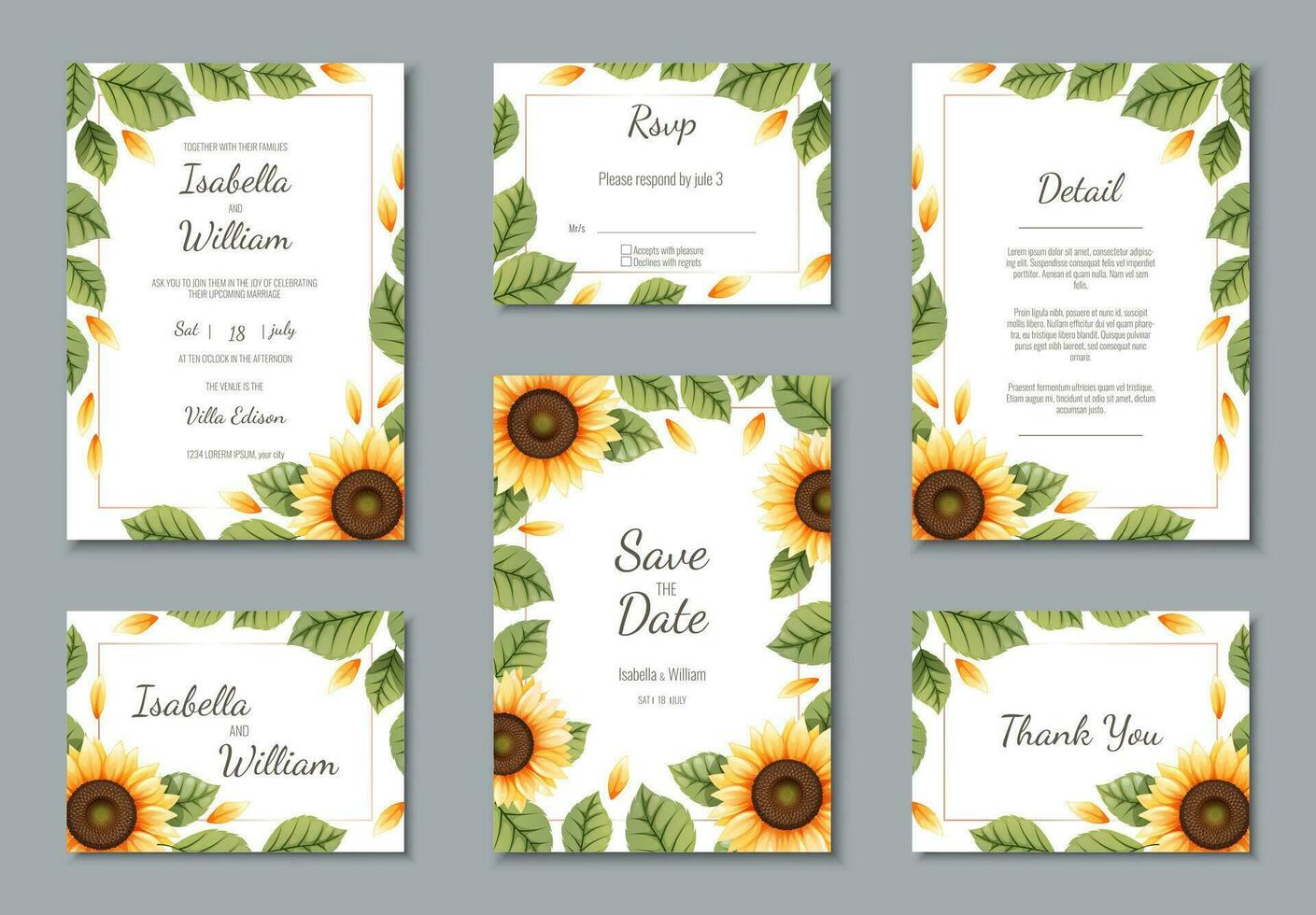 Set of wedding templates, banners, invitations for the holiday.Beautiful postcard decor with sunflower vector