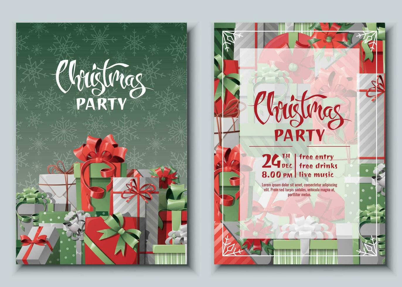 Set of Christmas party invitation cards with gift boxes and bows. Christmas and New Year. Greeting card, flyer, banner in A4 format. vector