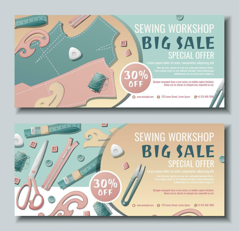 Set of banner templates for sewing workshop. Discount coupon with sewing items. Pattern, template, buttons, thread. Poster for sewing courses, schools, shops, ateliers. Discounts on products vector