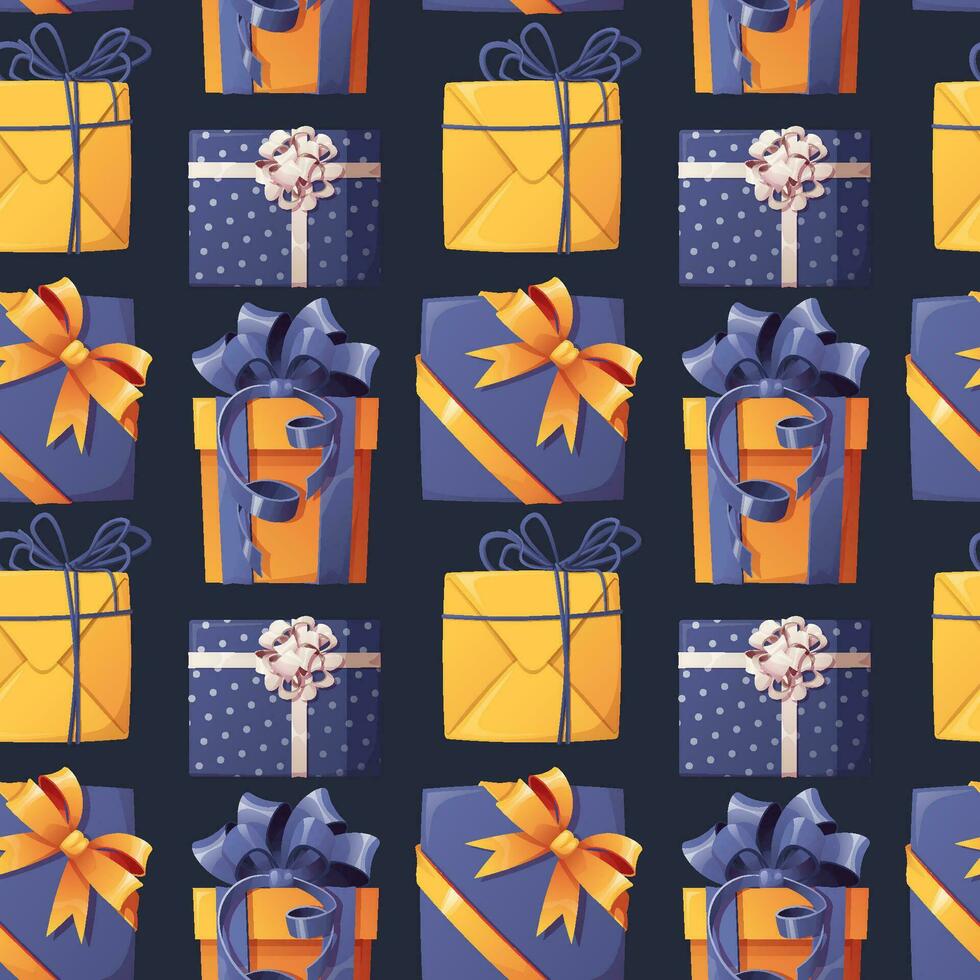 sin costura modelo con regalo cajas y cintas y arcos antecedentes para nuevo año, Navidad, cumpleaños. textura para envase papel, fondos de pantalla, telas, etc. vector