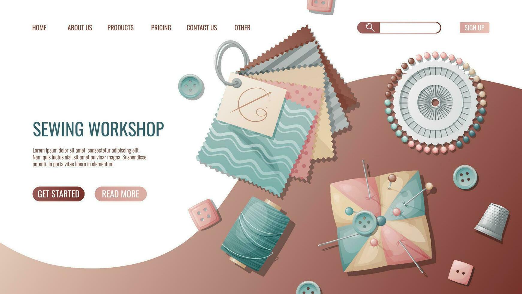 Sewing workshop landing page or web banner template. Hand drawn illustrations of sewing tools, pincushion, fabric, buttons. Pre-made landing for dressmaking, tailoring school, sewing courses vector