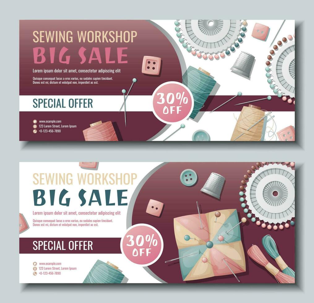 Set of banner templates for sewing workshop. Discount coupon with sewing items. Pincushion, pins, needles, thimble, thread. Poster for tailoring courses, schools, shops, ateliers. Banner for sale. vector