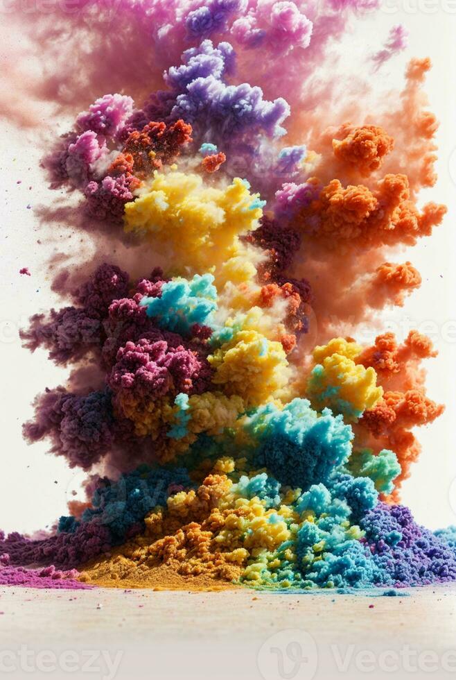 colorful rainbow holi paint color powder explosion isolated white wide panorama background. AI generated photo